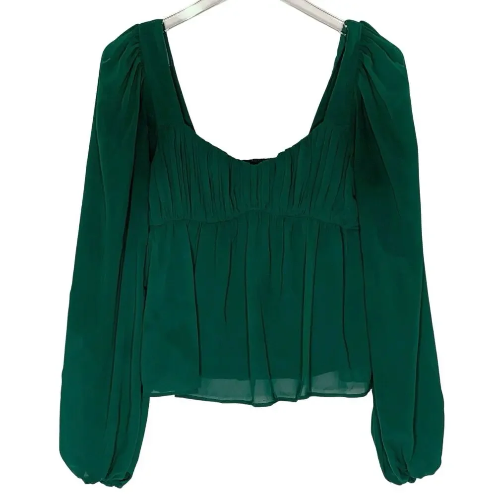 Abercrombie & Fitch Puff Sleeve Semi Sheer Top S Emerald Green Milkmaid Smocked